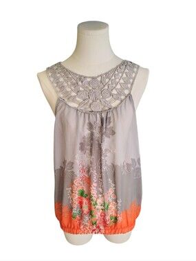 Windsor Gray & Orange Lace Crochet LightweightFloral Keyhole Blouse Size Large